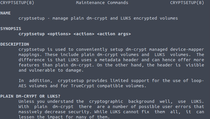 screen shot of the man page of cryptsetup